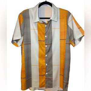 Miss‎ Look Mens Orange White Black Strip Button Up Shirt Beach Casual Medium